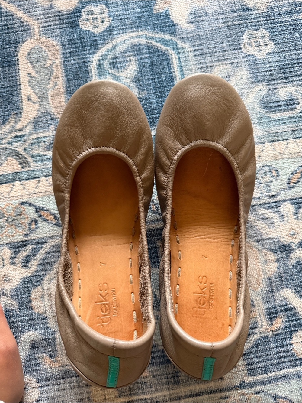 Tieks Taupe Leather Ballet Flats with Teal Heel Tab